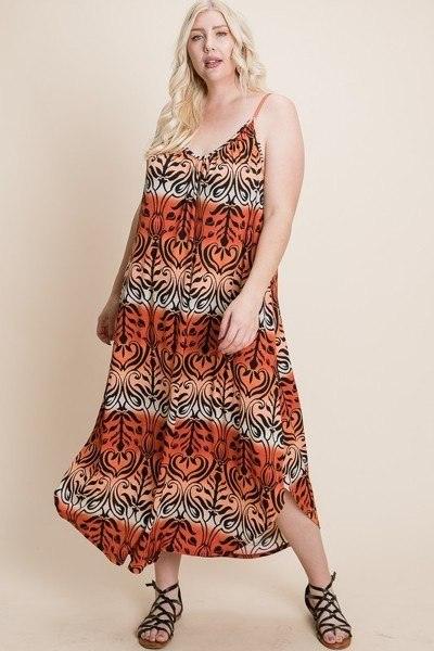 Plus Size Tie Dye Ombre Damask Print Anna Print Cami Maxi Dress - AMIClubwear