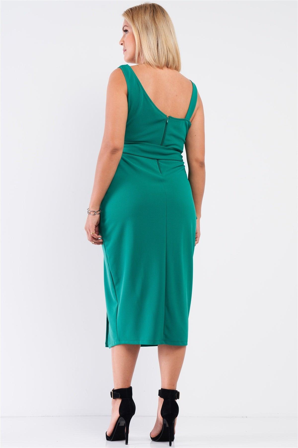Plus Sleeveless Asymmetrical Shoulder Front Slit Detail Belted Dress - AMIClubwear