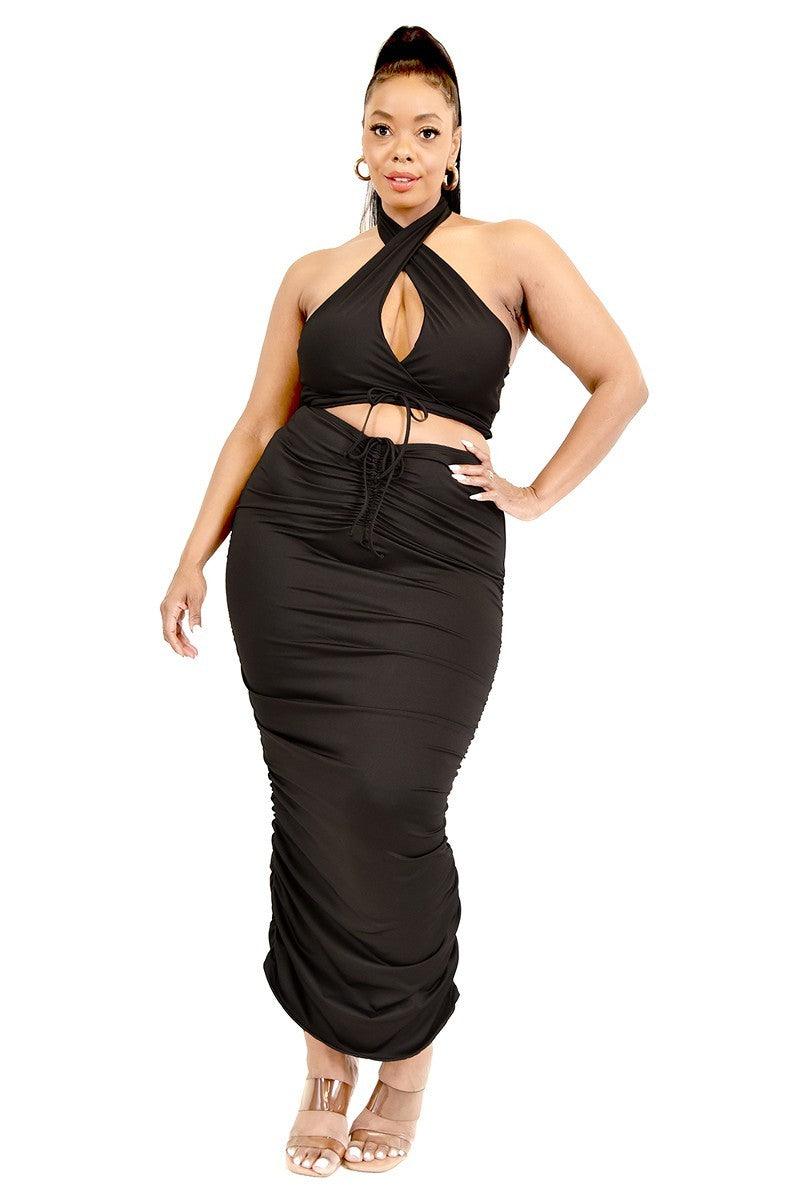 Plus Solid 2 Piece Halter Top Set - AMIClubwear