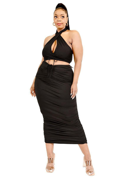 Plus Solid 2 Piece Halter Top Set - AMIClubwear