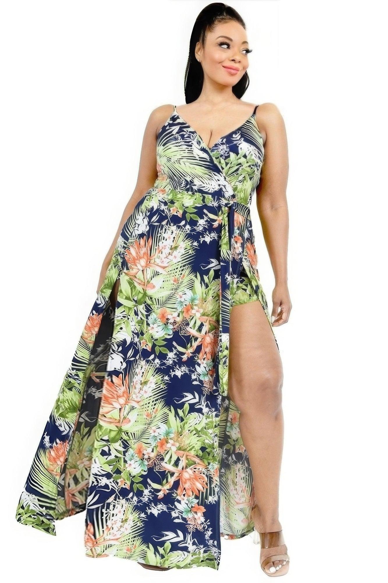 Plus Tropical Leaf Print Surplice Maxi Dress - AMIClubwear