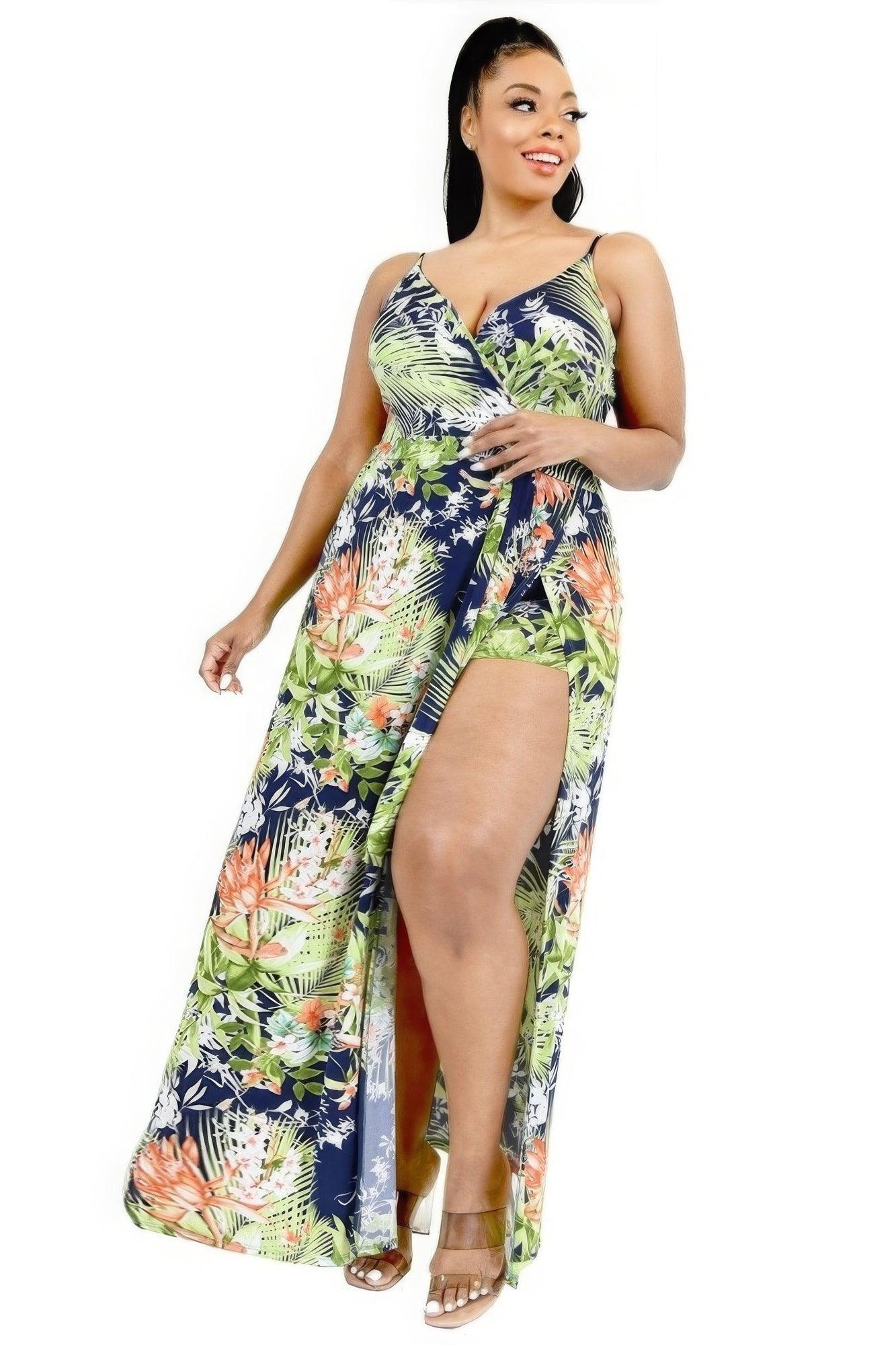 Plus Tropical Leaf Print Surplice Maxi Dress - AMIClubwear