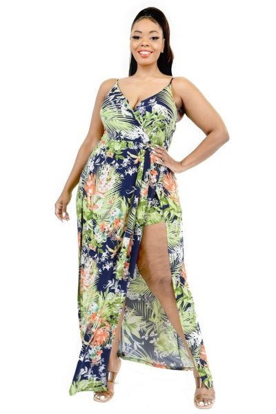 Plus Tropical Leaf Print Surplice Maxi Dress - AMIClubwear