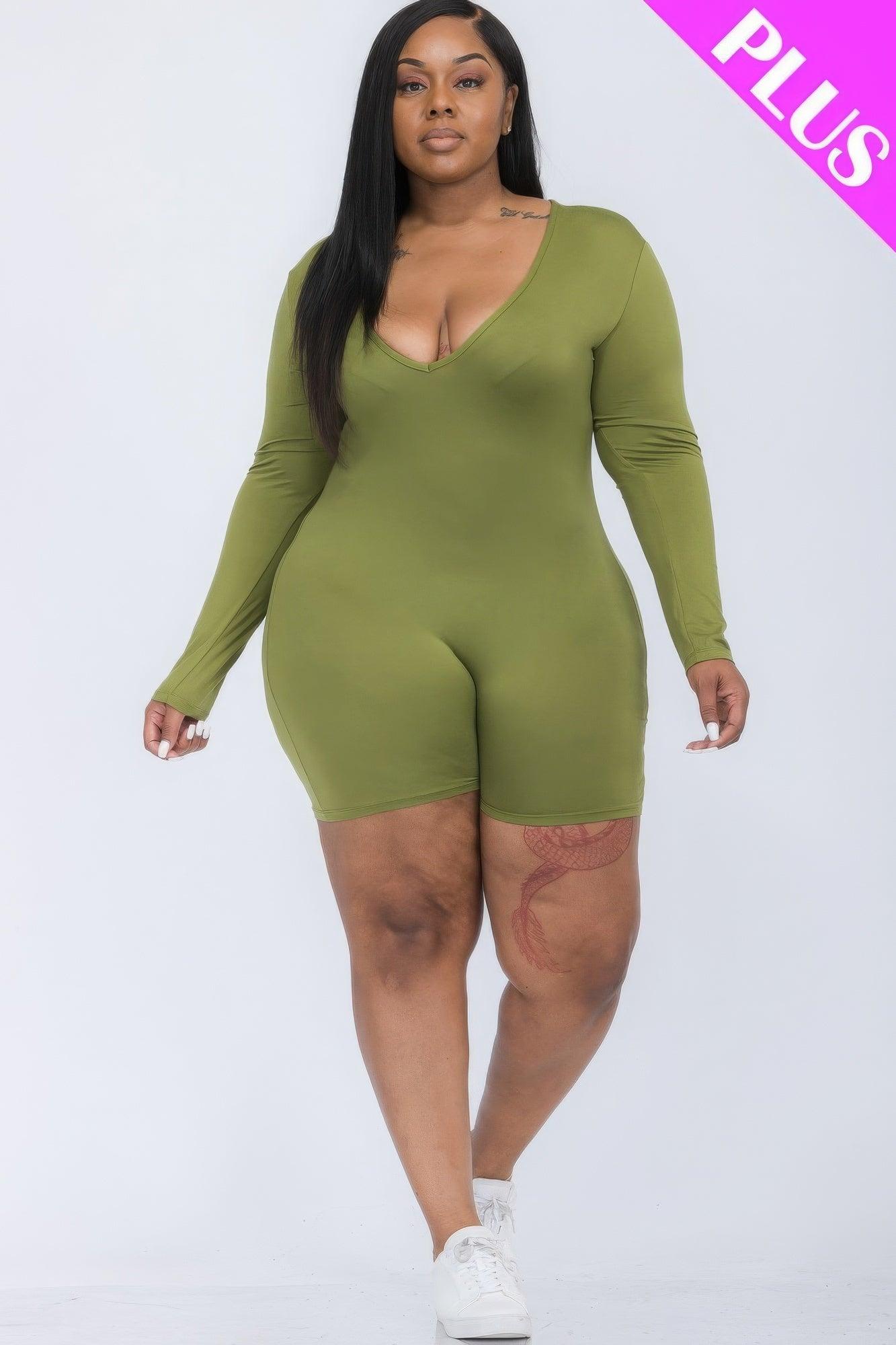 Plus V-neck Long Sleeve Bodycon Romper - AMIClubwear