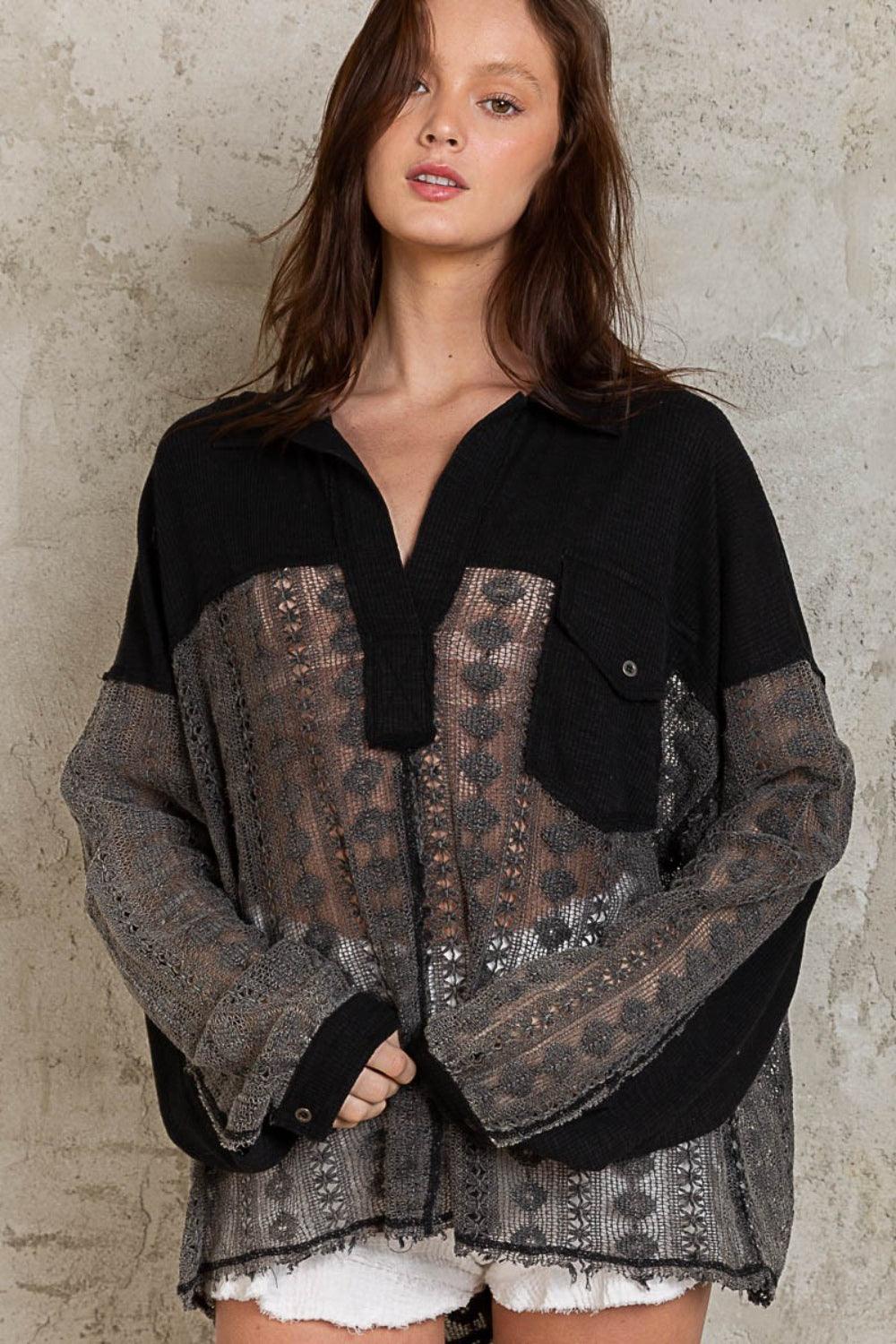 POL Johnny Collar Long Sleeve Lace Blouse - AMIClubwear