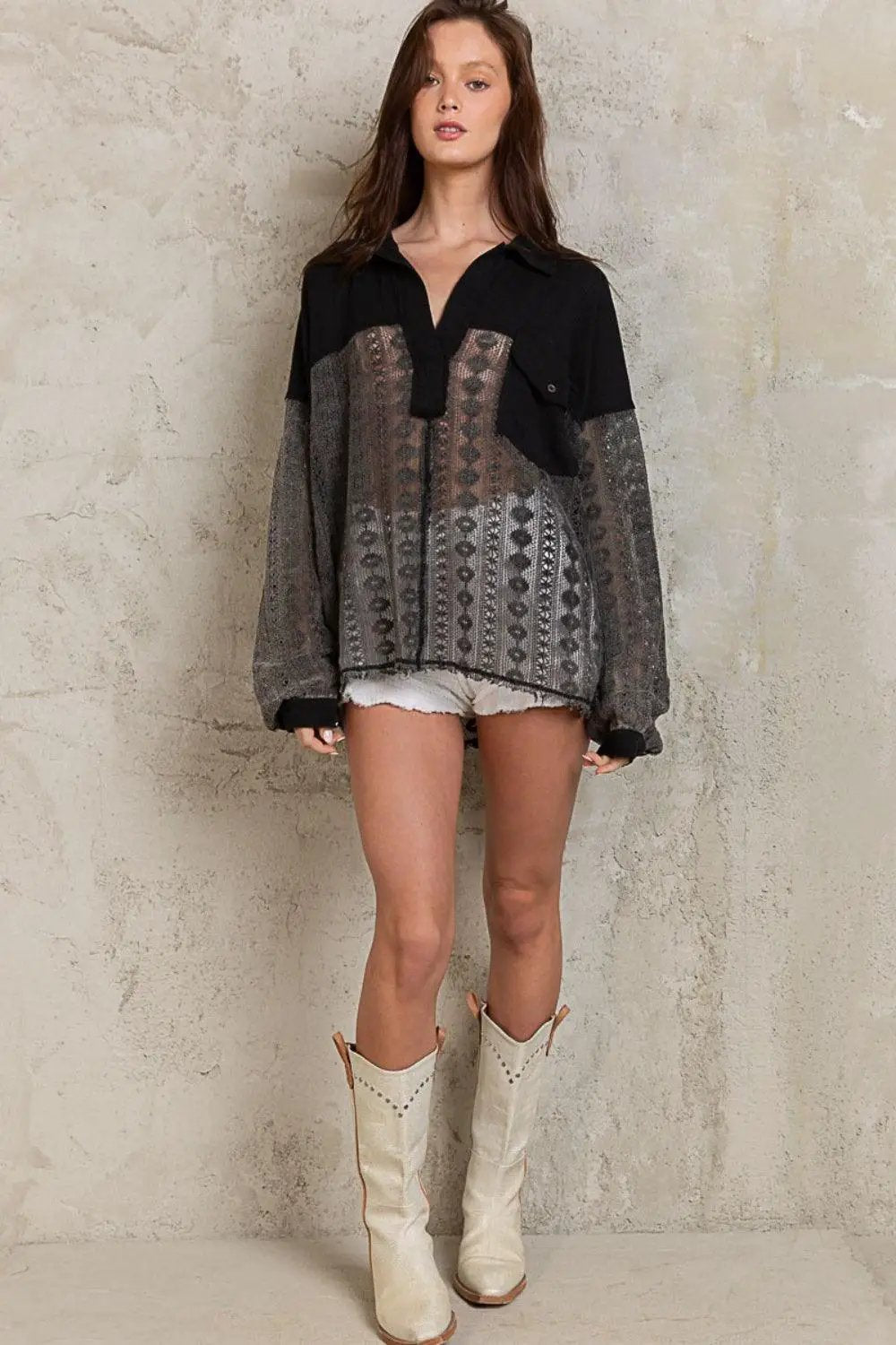 POL Johnny Collar Long Sleeve Lace Blouse