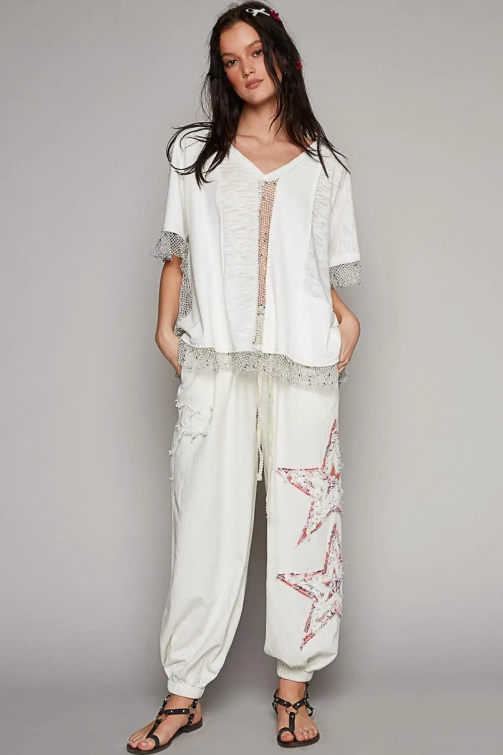 POL Openwork V-Neck Half Sleeve Top