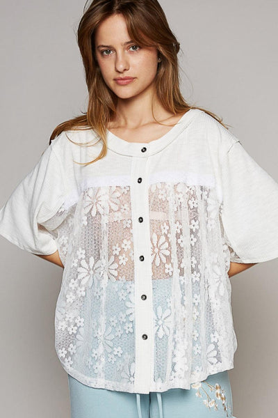 POL Round Neck Short Sleeve Lace Top - AMIClubwear