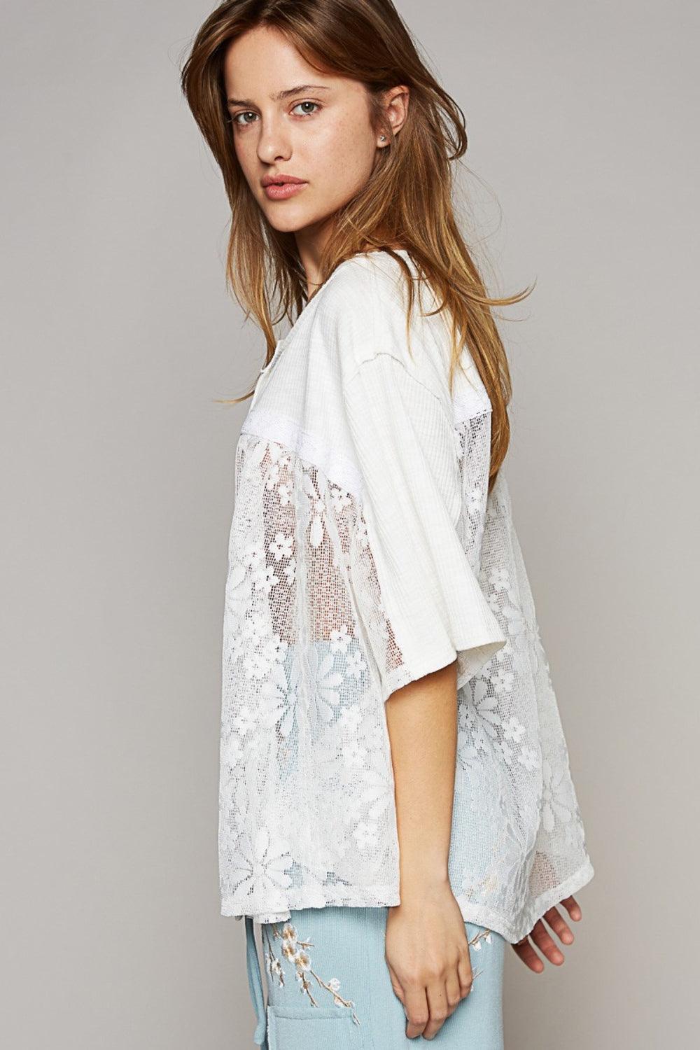 POL Round Neck Short Sleeve Lace Top - AMIClubwear