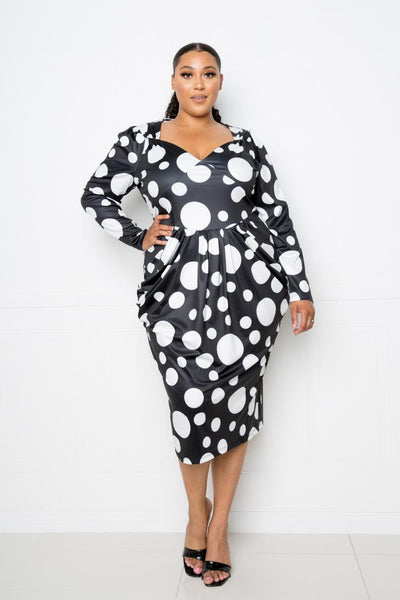 Polka Dot Drop Waist Ruched Midi Dress - AMIClubwear