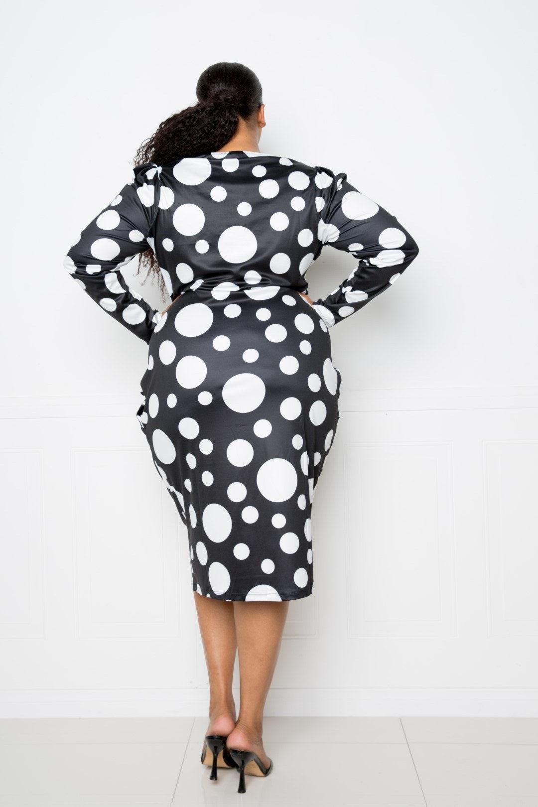 Polka Dot Drop Waist Ruched Midi Dress - AMIClubwear