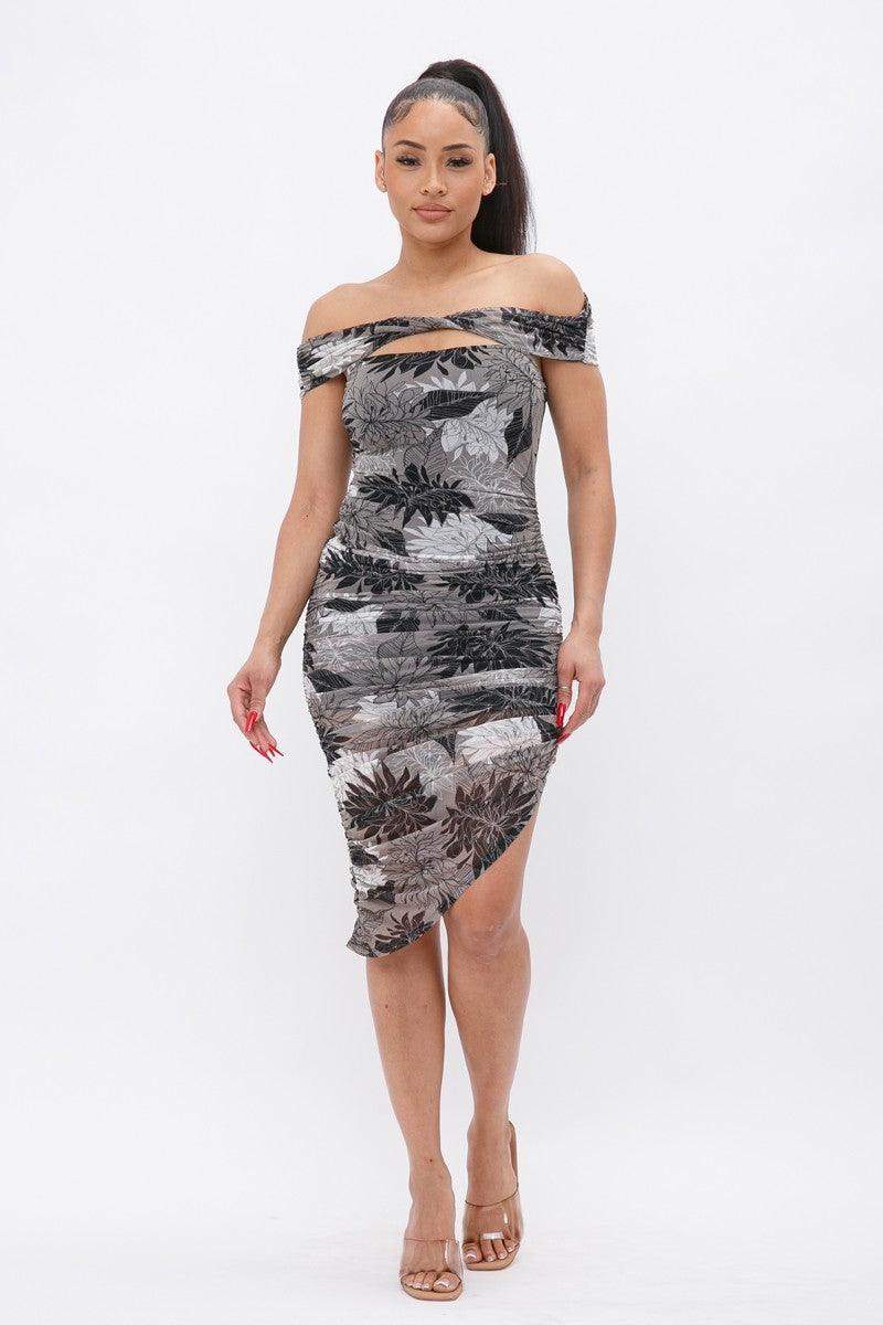 Printed Mesh Off Shoulder Dress - AMIClubwear