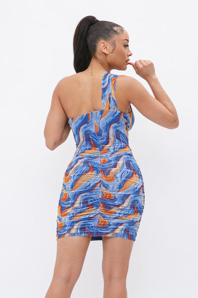 Printed One Shoulder Mini Dress - AMIClubwear