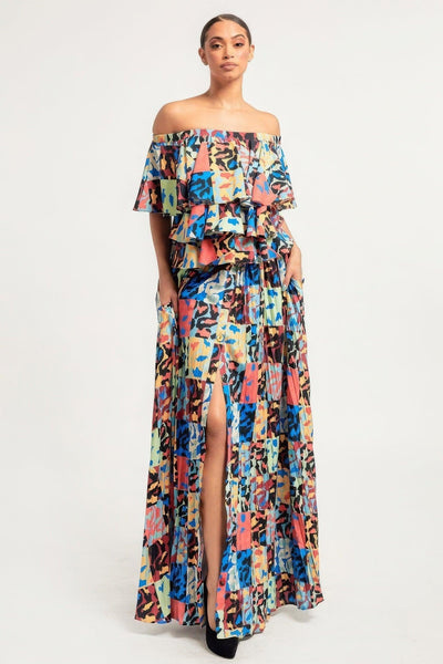 Printed Ruffle Top And Pleated Skirt Set - AMIClubwear