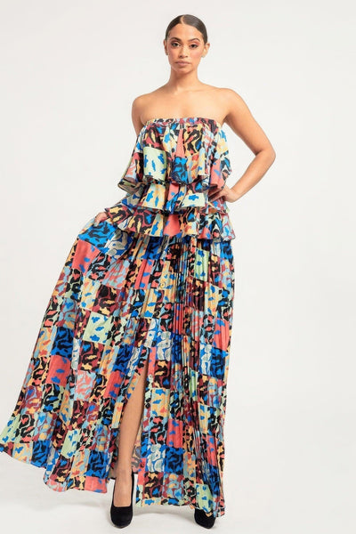 Printed Ruffle Top And Pleated Skirt Set - AMIClubwear