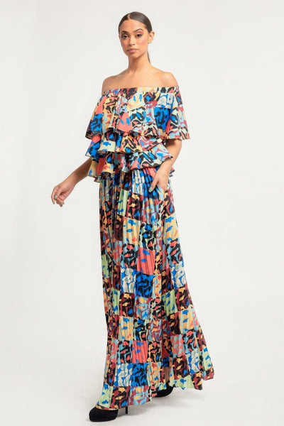 Printed Ruffle Top And Pleated Skirt Set - AMIClubwear