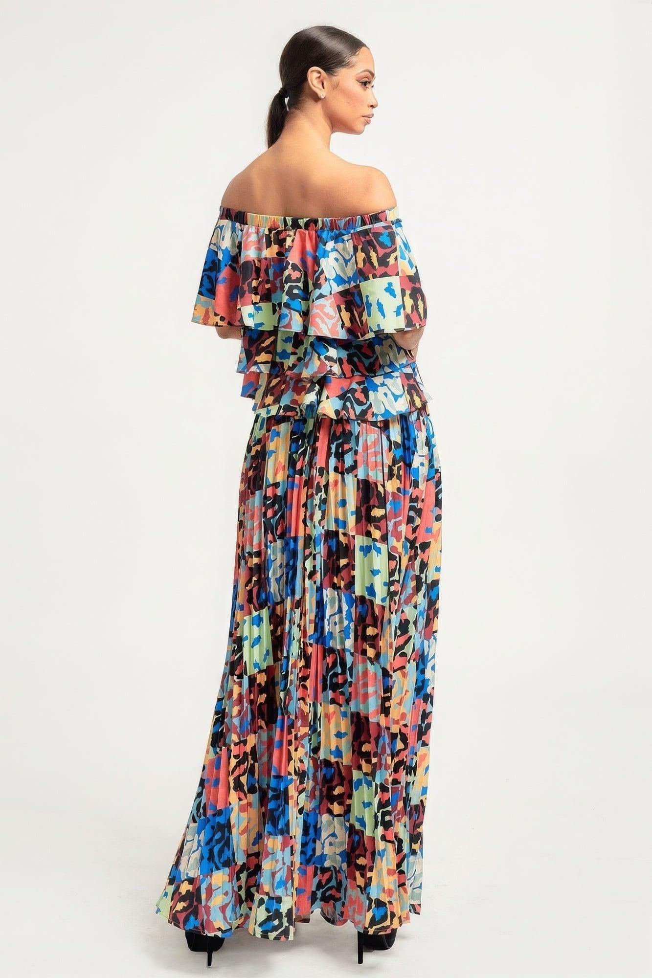 Printed Ruffle Top And Pleated Skirt Set - AMIClubwear