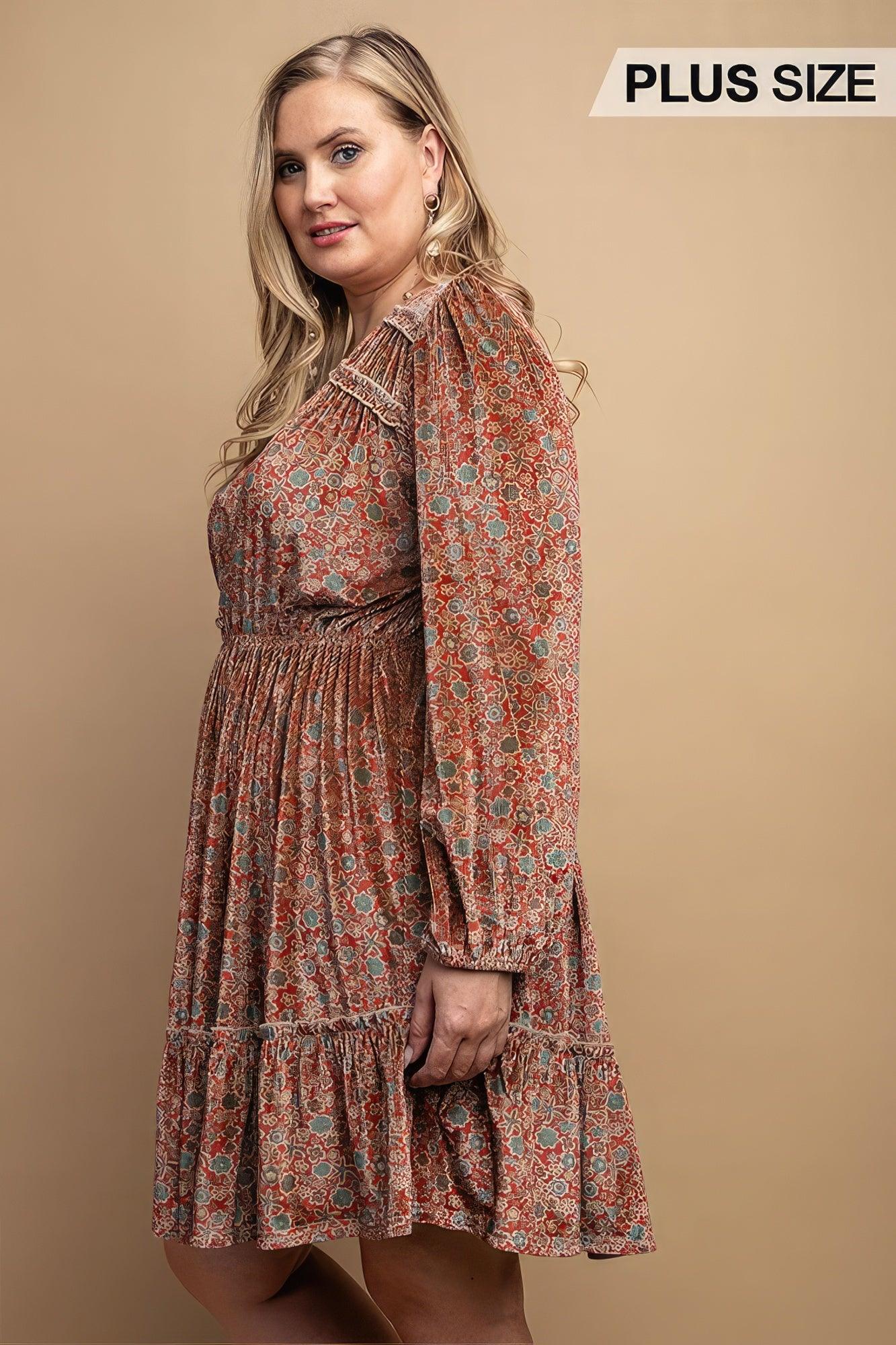 Printed Velvet V-neck Dress With Button Front Detail - AMIClubwear