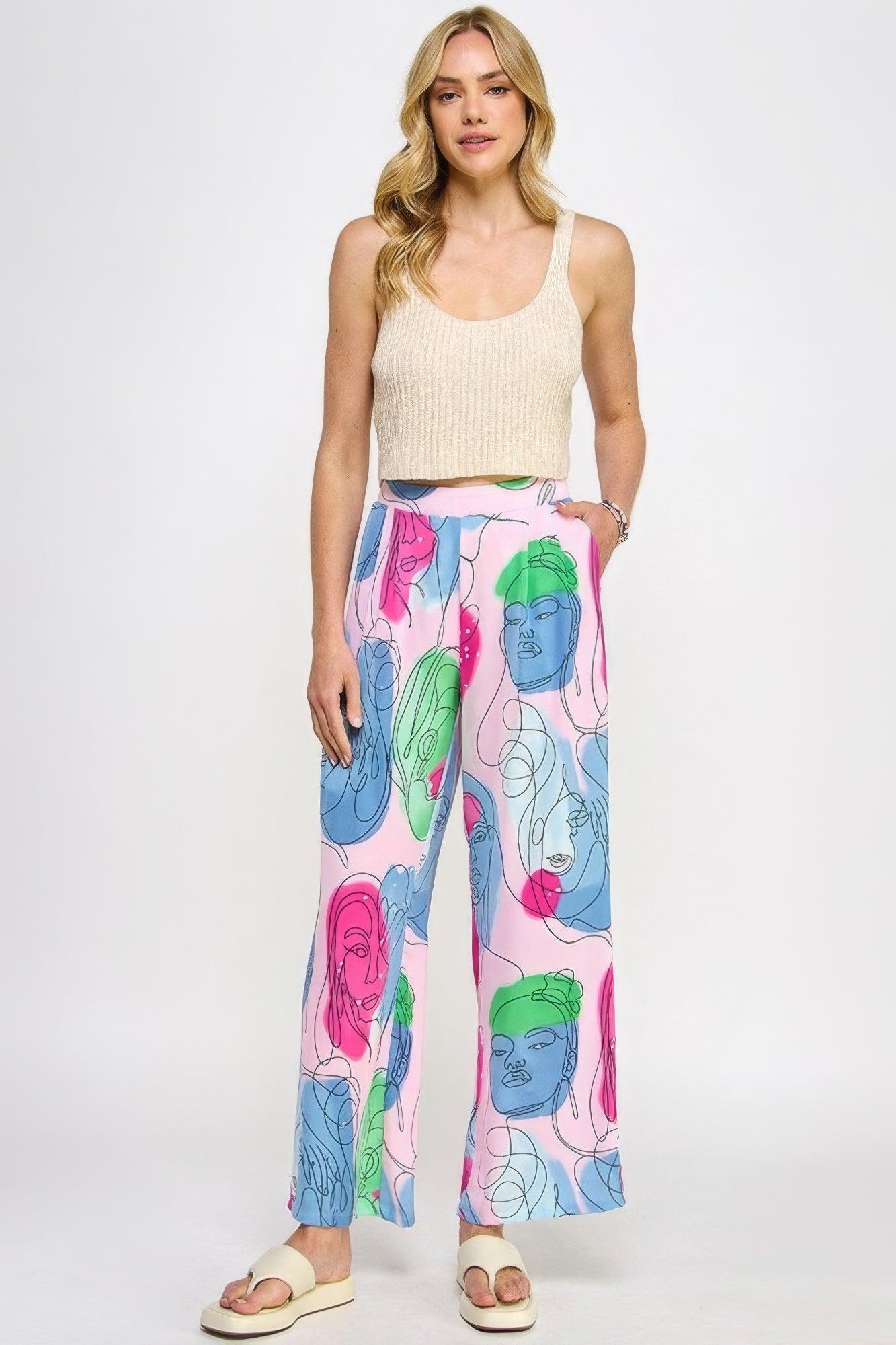 Printed Wide Leg Pant With Elastic Back - AMIClubwear