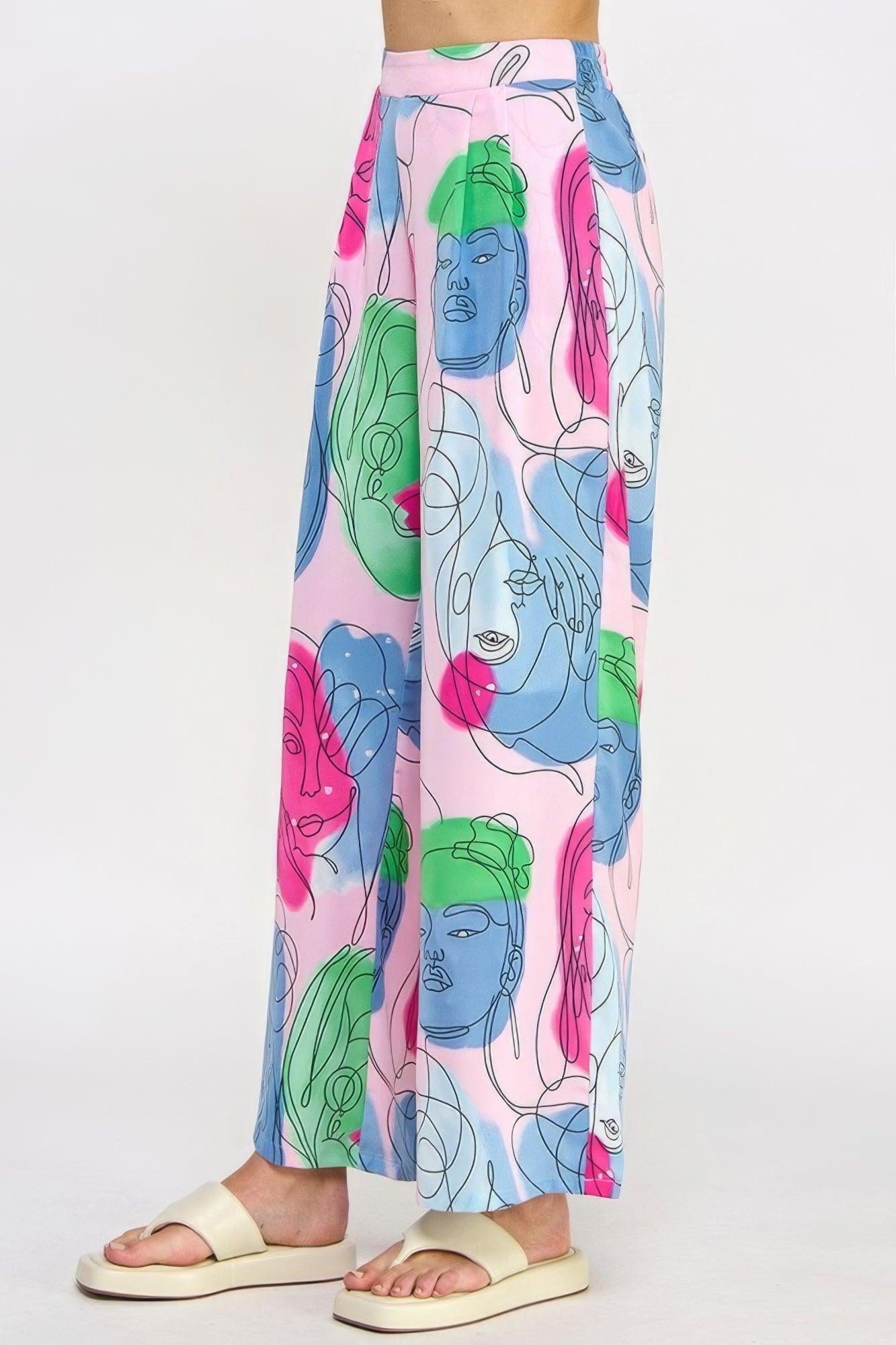 Printed Wide Leg Pant With Elastic Back - AMIClubwear