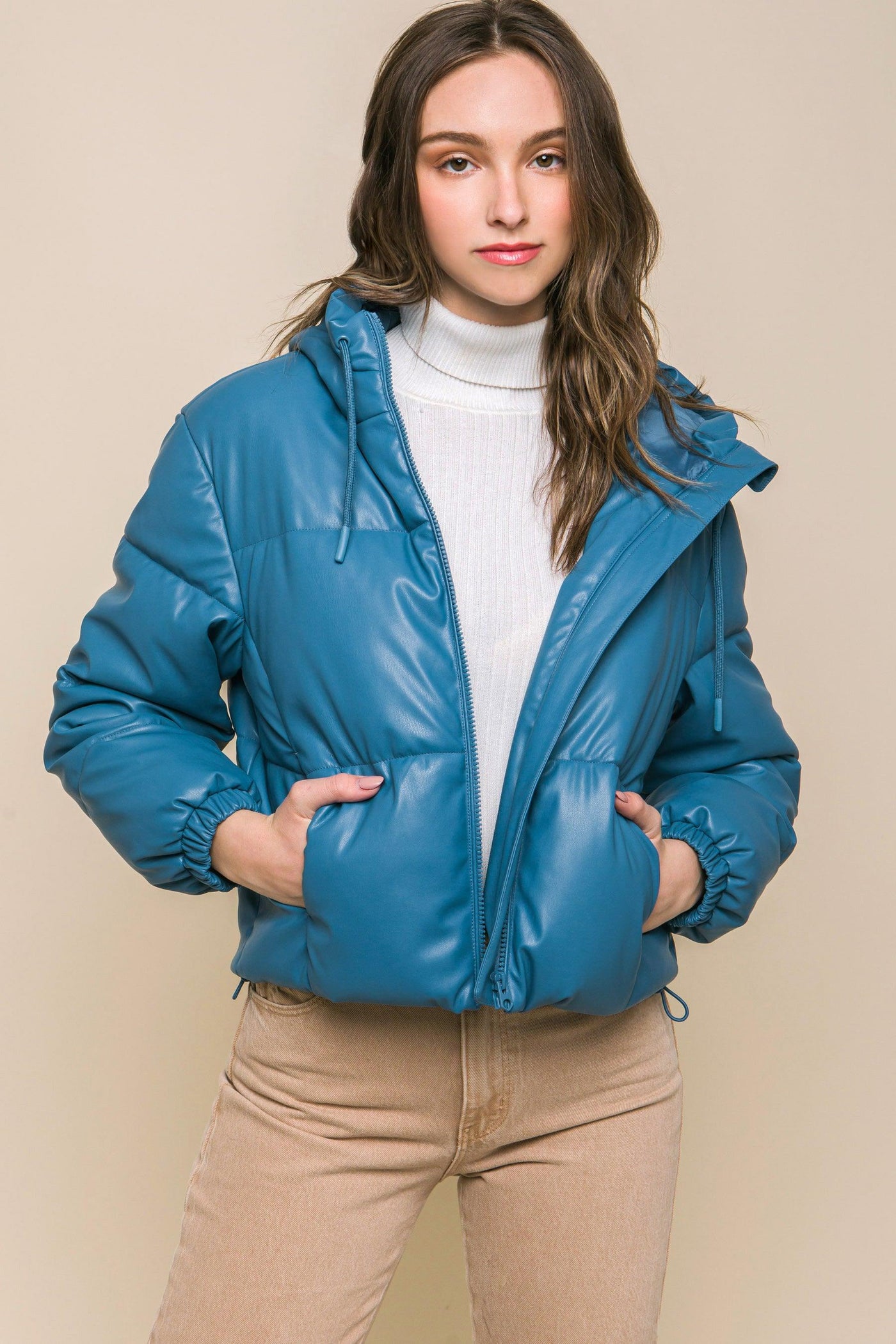 Pu Faux Leather Zipper Hooded Puffer Jacket - AMIClubwear