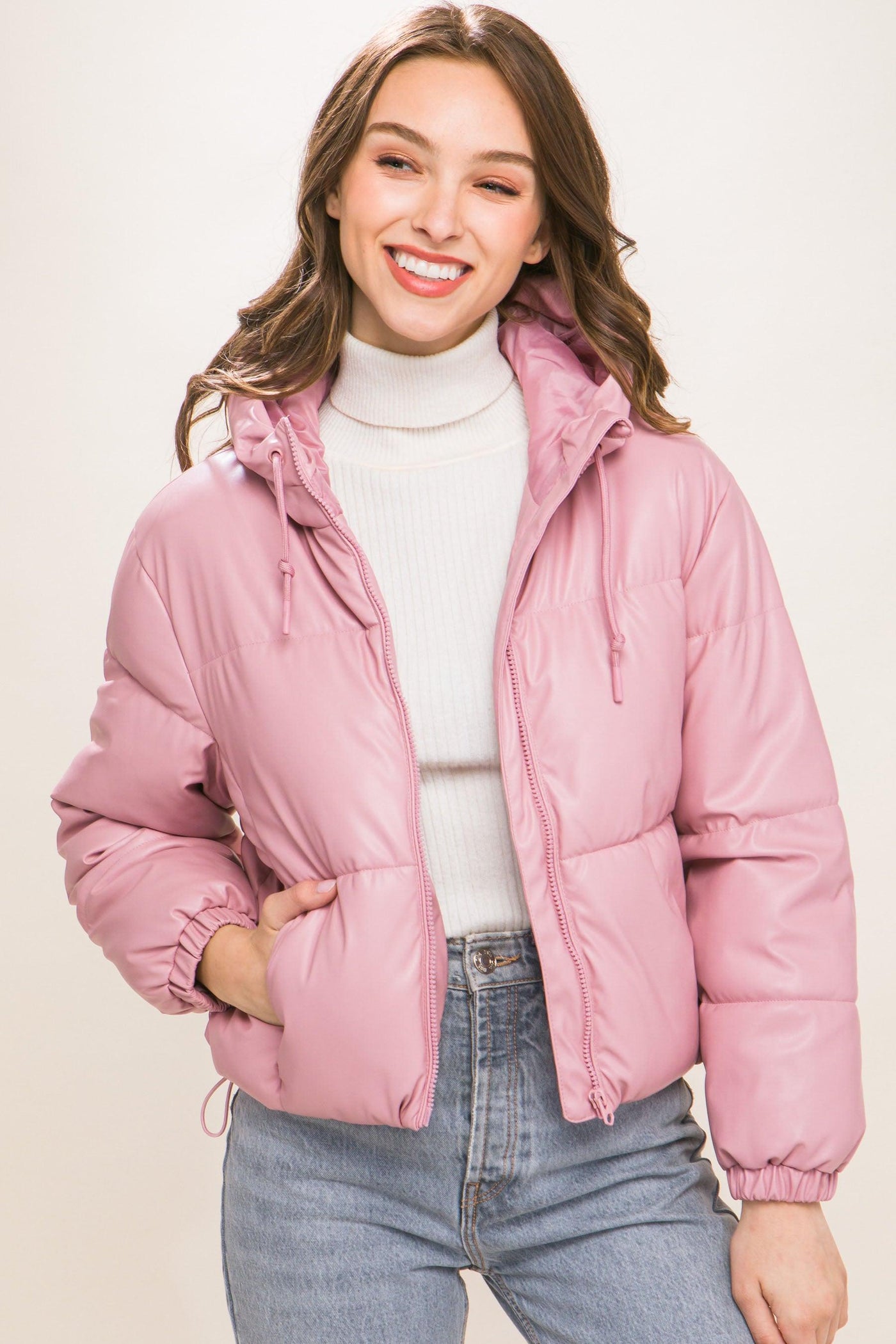 Pu Faux Leather Zipper Hooded Puffer Jacket - AMIClubwear