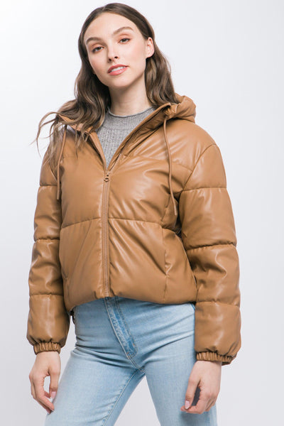 Pu Faux Leather Zipper Hooded Puffer Jacket - AMIClubwear