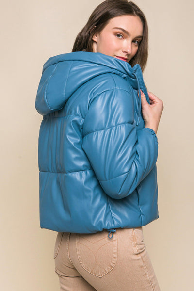 Pu Faux Leather Zipper Hooded Puffer Jacket - AMIClubwear