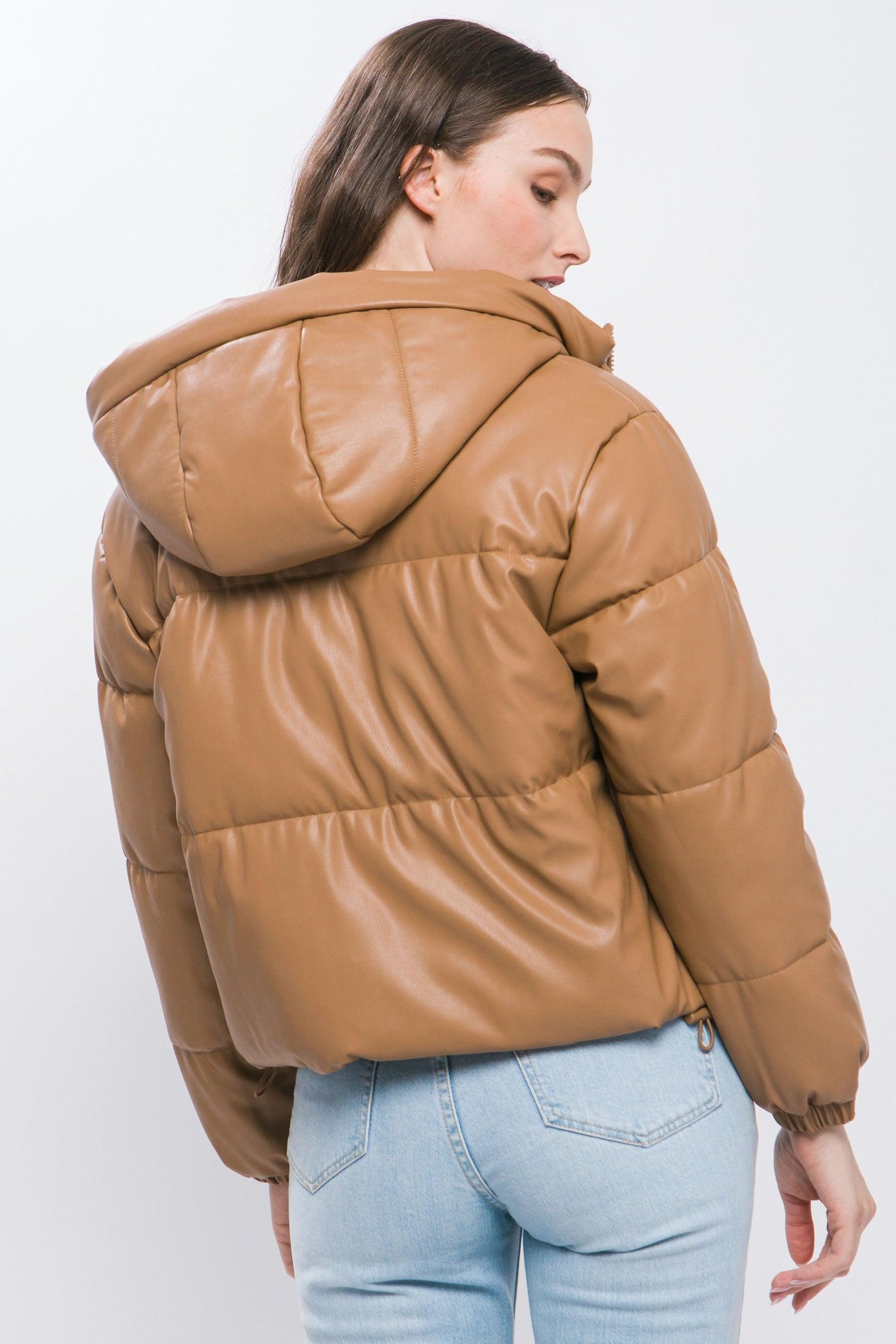 Pu Faux Leather Zipper Hooded Puffer Jacket - AMIClubwear