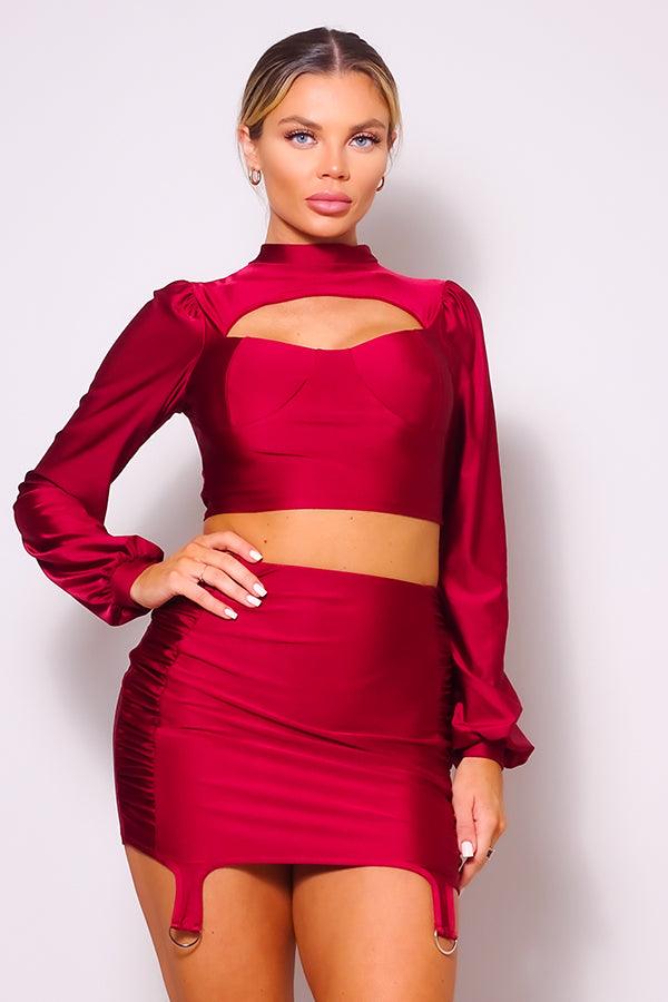 Puff Long Sleeve Front Cutout Turtleneck Blouse & Side Ruched Garter Mini Skirt Set - AMIClubwear