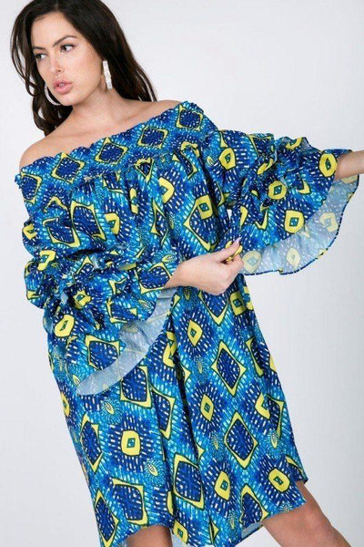 Puffy Ruffle Sleeve Smocking Off Shoulder Print Midi Dress - AMIClubwear