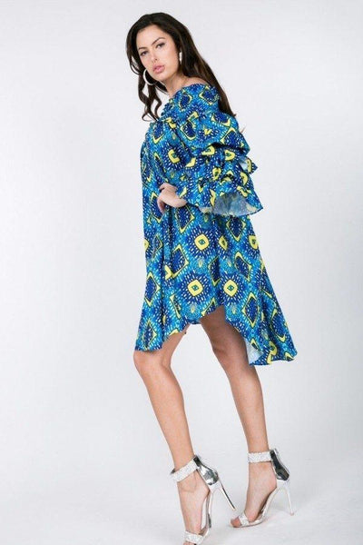 Puffy Ruffle Sleeve Smocking Off Shoulder Print Midi Dress - AMIClubwear
