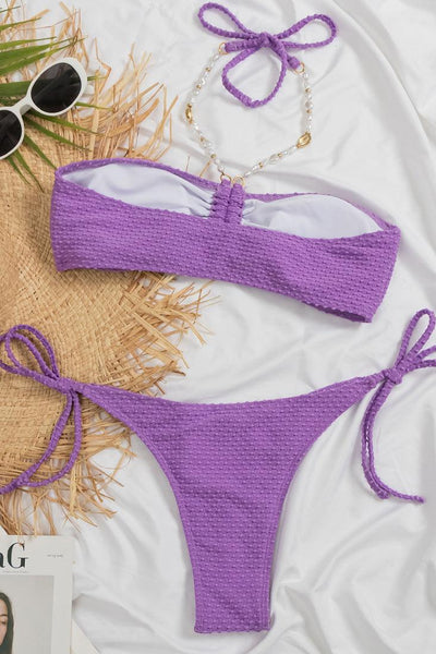 Purple Bandeau Halter Pearl Cheeky 2 Pc Swimsuit Set Bikini - AMIClubwear