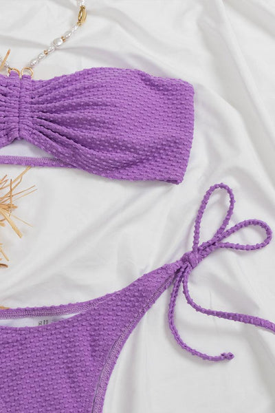 Purple Bandeau Halter Pearl Cheeky 2 Pc Swimsuit Set Bikini - AMIClubwear