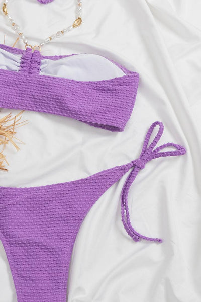 Purple Bandeau Halter Pearl Cheeky 2 Pc Swimsuit Set Bikini - AMIClubwear