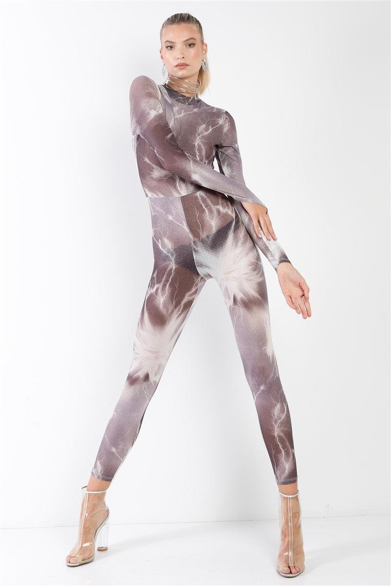 Purple-grey Lightning Print Mock Neck Long Sleeve With Finger Loop Fitted Catsuit /jumpsuit - AMIClubwear