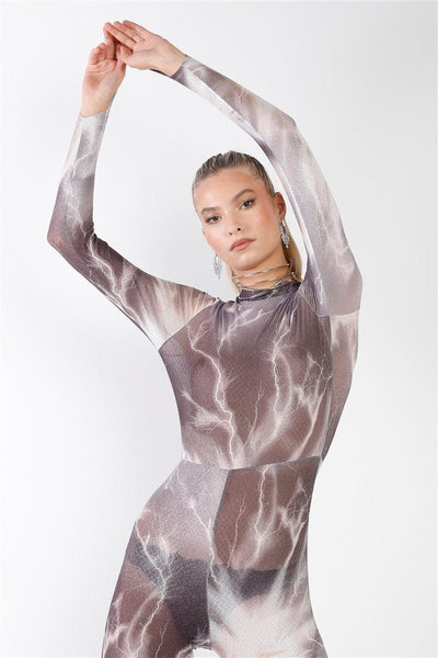 Purple-grey Lightning Print Mock Neck Long Sleeve With Finger Loop Fitted Catsuit /jumpsuit - AMIClubwear