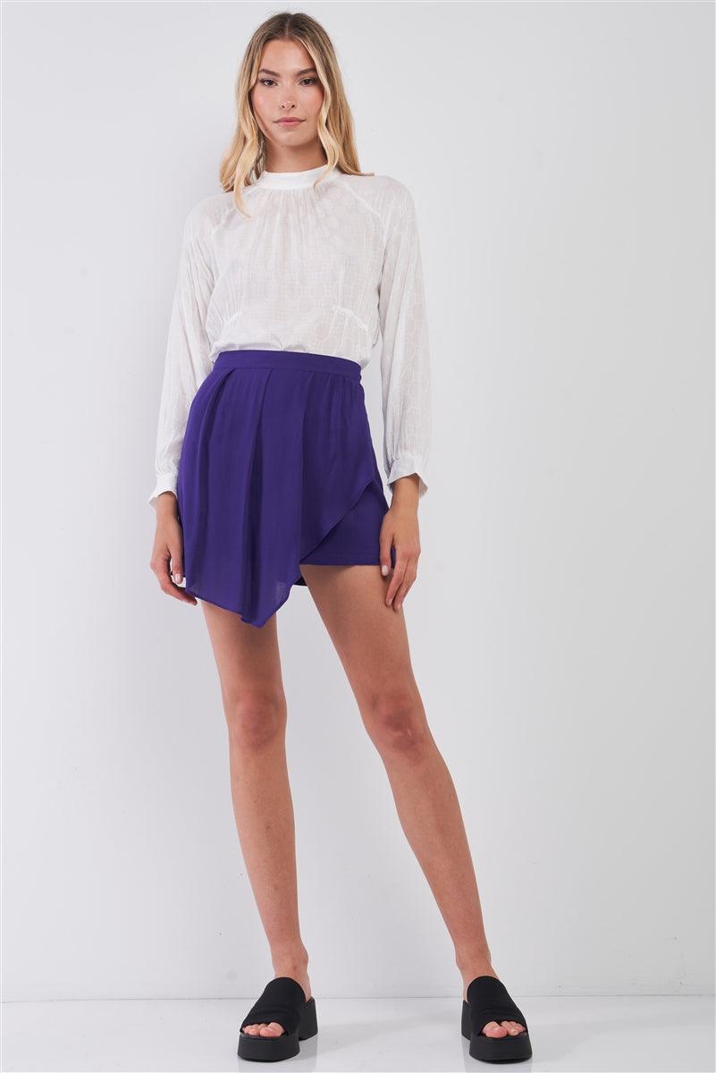 Purple High-waisted Asymmetrical Wrap Pleated Front Mini Skirt - AMIClubwear