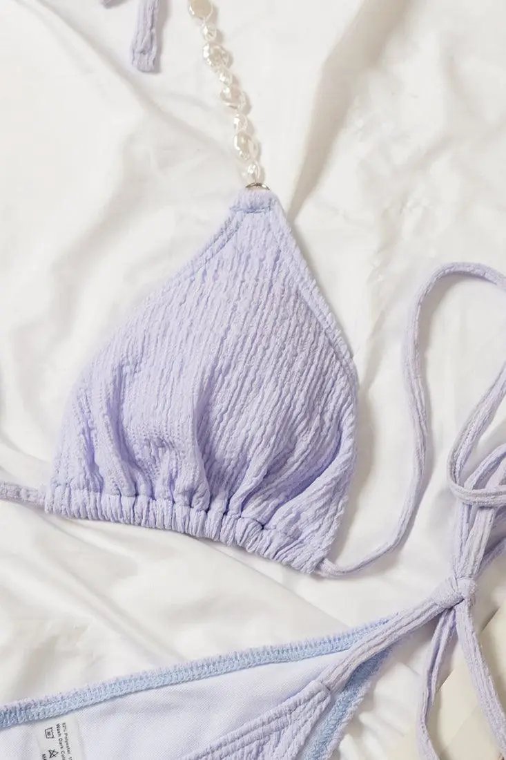 Purple Natural Pearl Straps Triangle Cheeky Cover-Up 3 Pc Sexy Swimsuit Set Bikini