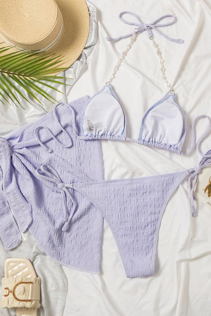 Purple Natural Pearl Straps Triangle Cheeky Cover-Up 3 Pc Swimsuit Set Bikini - AMIClubwear