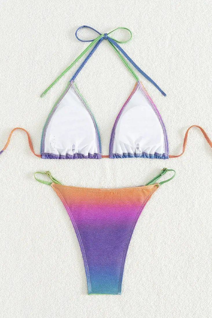 Rainbow Multi Shimmer Triangle Cheeky Sexy Bikini 2Pc Swimsuit Set
