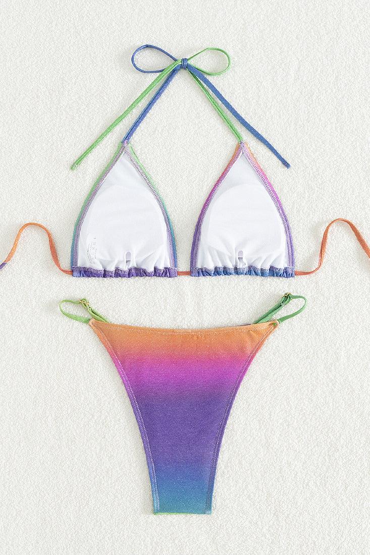 Rainbow Multi Shimmer Triangle Cheeky Sexy Bikini 2Pc Swimsuit Set - AMIClubwear