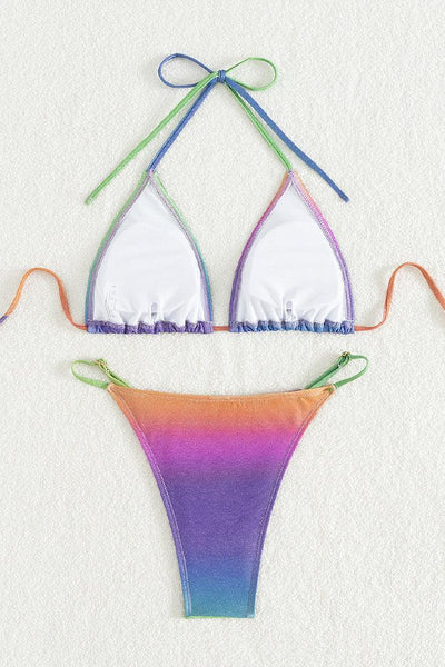 Rainbow Multi Shimmer Triangle Cheeky Sexy Bikini 2Pc Swimsuit Set - AMIClubwear