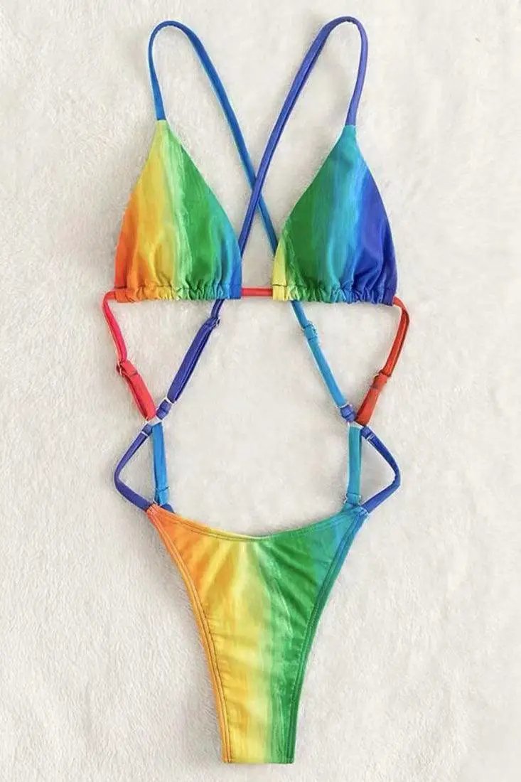 Rainbow Multi Strappy Adjustable Thong Micro 1Pc Swimsuit Monokini