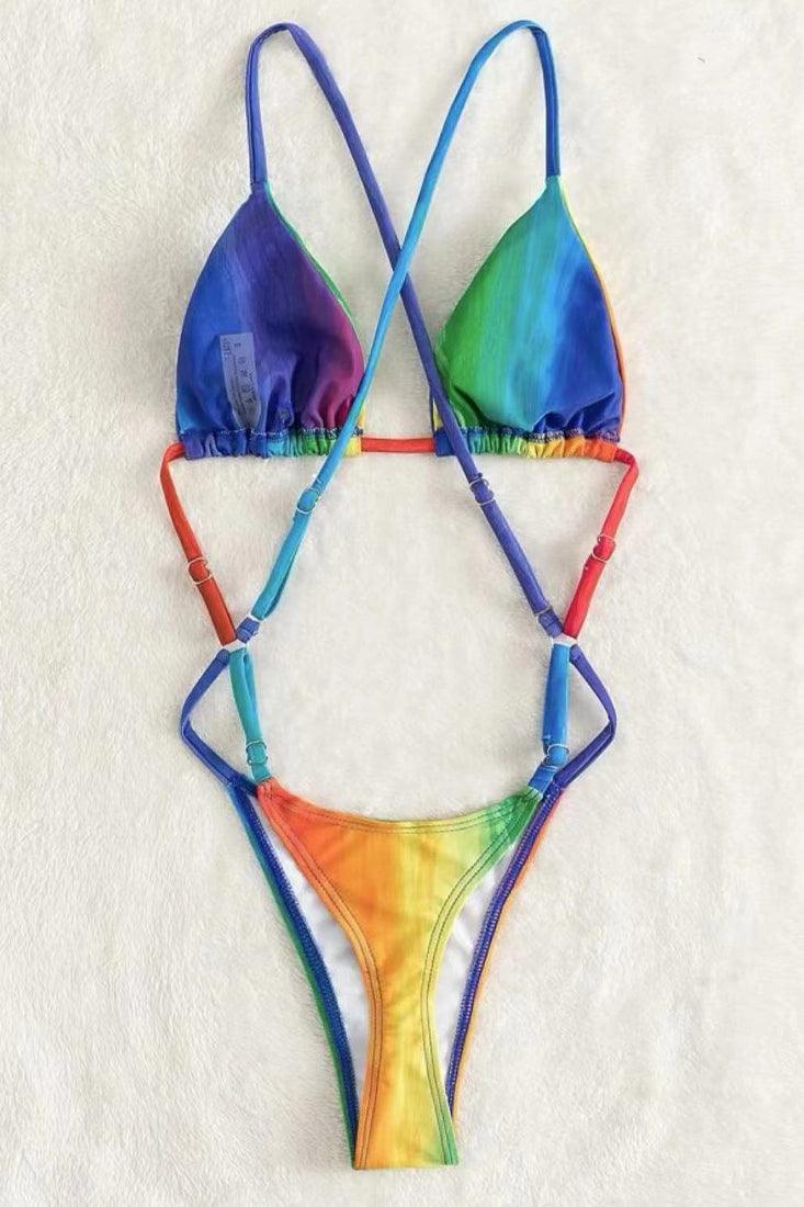 Rainbow Multi Strappy Adjustable Thong Micro 1Pc Swimsuit Monokini - AMIClubwear