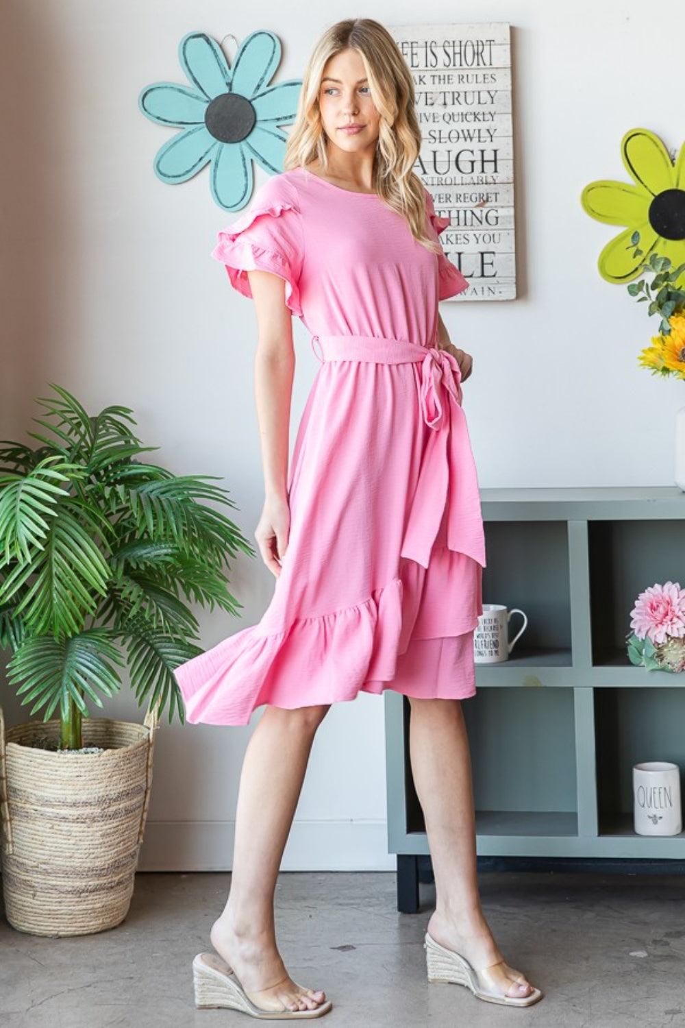 Reborn J Tie Front Ruffled Short Sleeve Dress - AMIClubwear