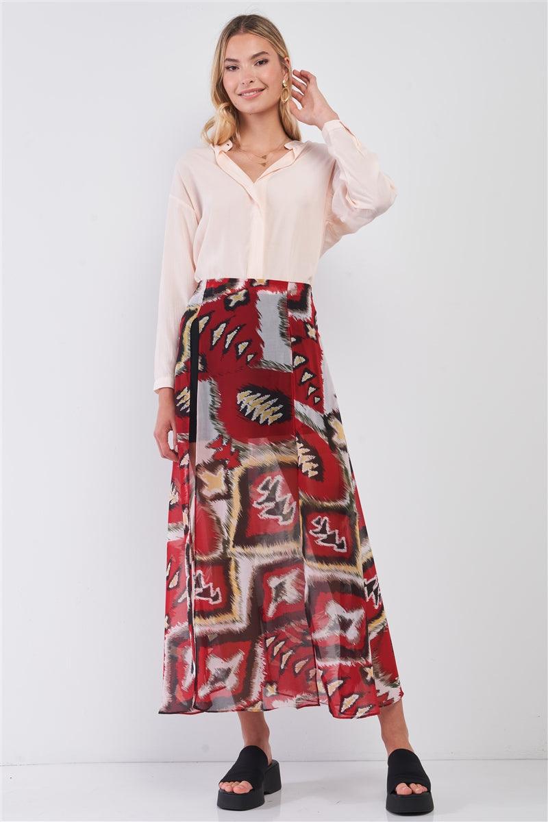 Red & Multi Vintage Graphic Print High-waisted Two Front Slits Maxi Skirt - AMIClubwear