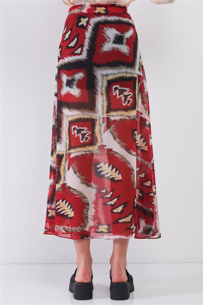 Red & Multi Vintage Graphic Print High-waisted Two Front Slits Maxi Skirt - AMIClubwear