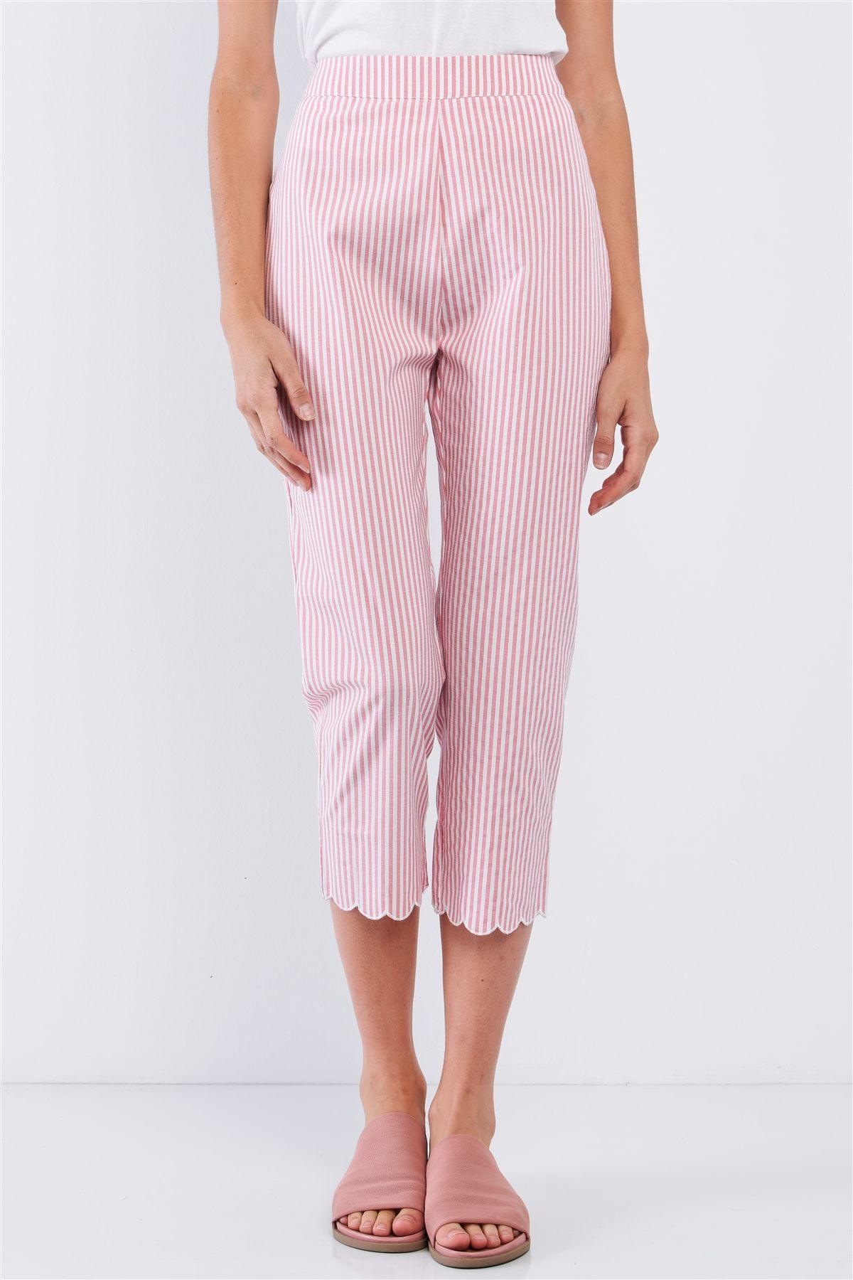 Red & White Striped High Waist Scalloped Hem Summer Capri Pants - AMIClubwear