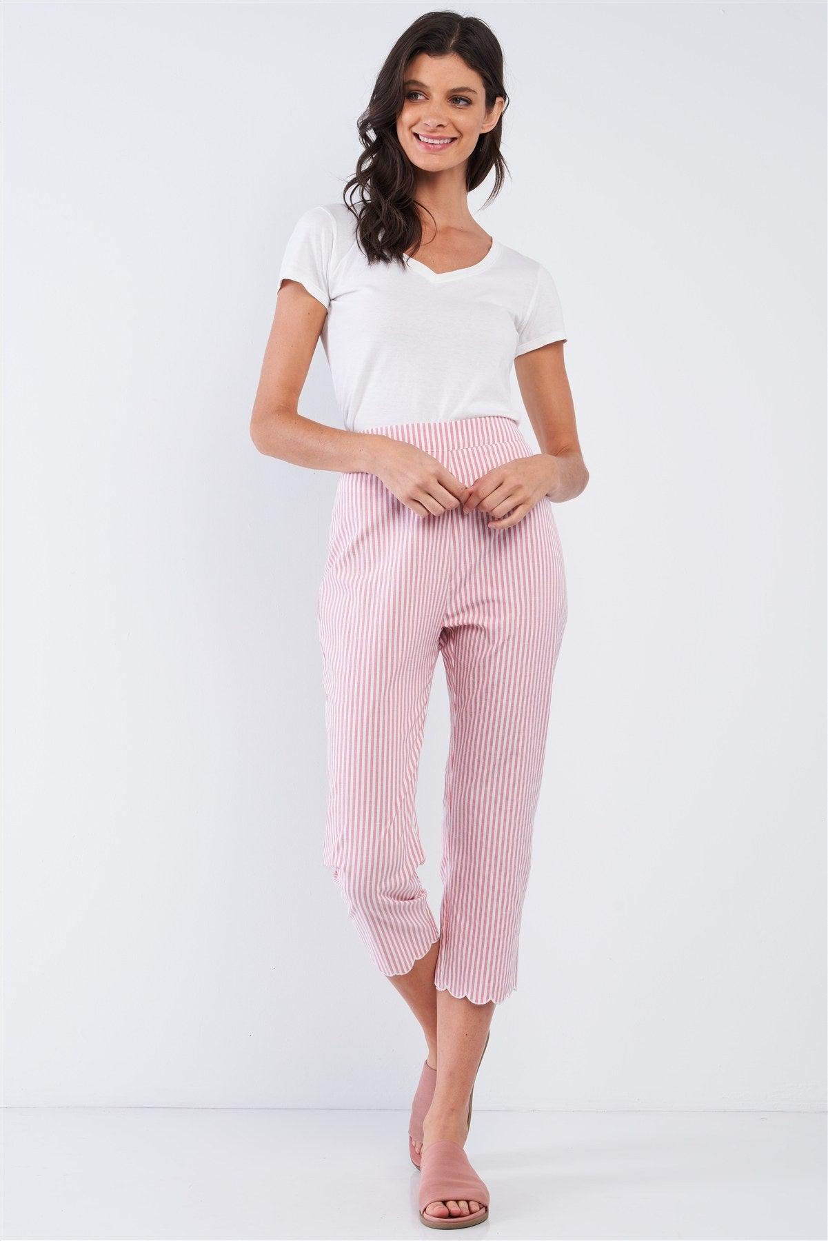 Red & White Striped High Waist Scalloped Hem Summer Capri Pants - AMIClubwear